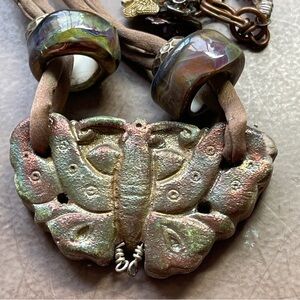 Handmade Artisan Necklace Ceramic Moth Pendant Brown Silk Cord Glass